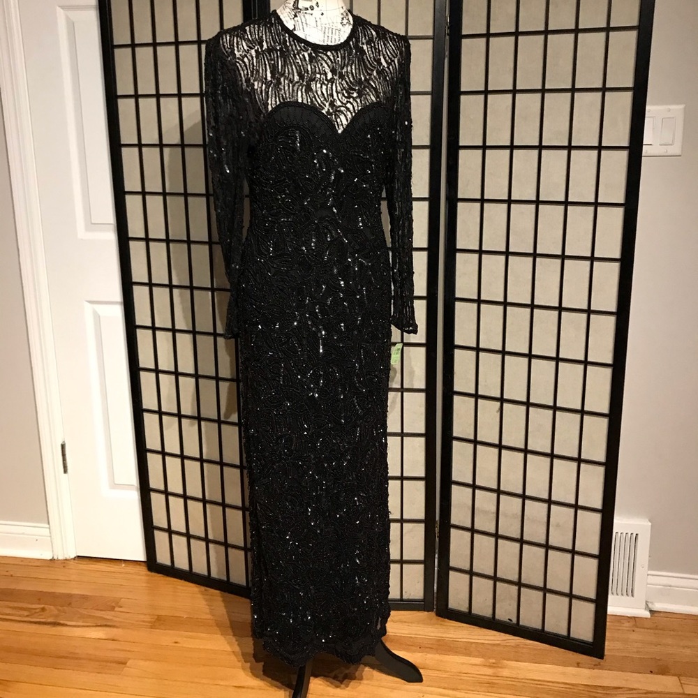Vintage Silk Embellish bead Formal Evening wedding gown long sleeve maxi dress M